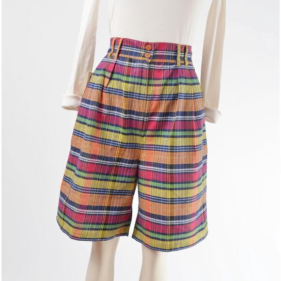 Vintage 90s Colorful Plaid Cotton Bermuda Shorts size M L - Picture 3 of 8